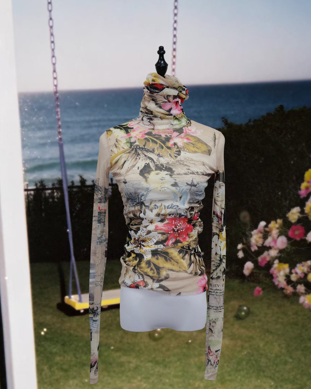 Sheer Mesh Floral Portrait Print Turtleneck Top with Rhinestones