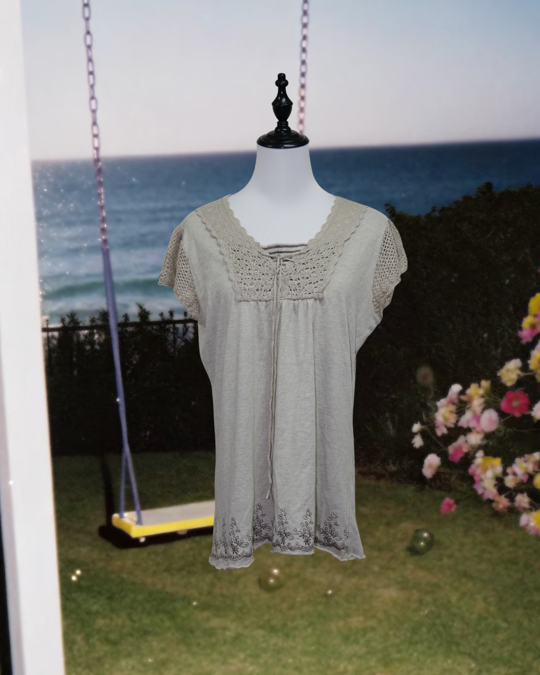 Boho Beige Crochet Lace Peasant Blouse with Embroidery Hem