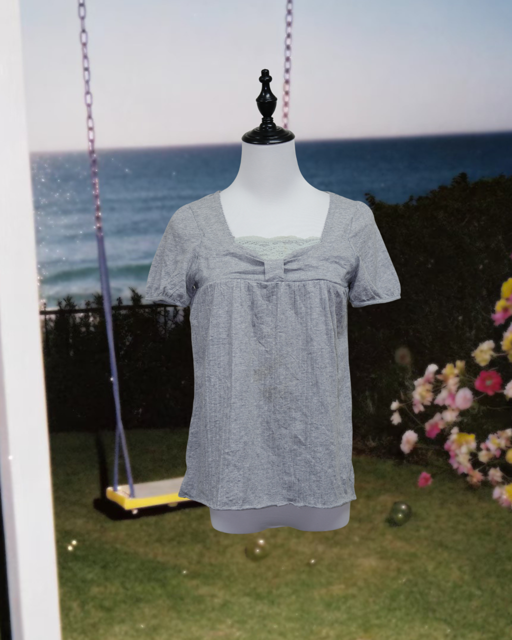 Coquette Grey Square Neck Ruffle Short Sleeve Top