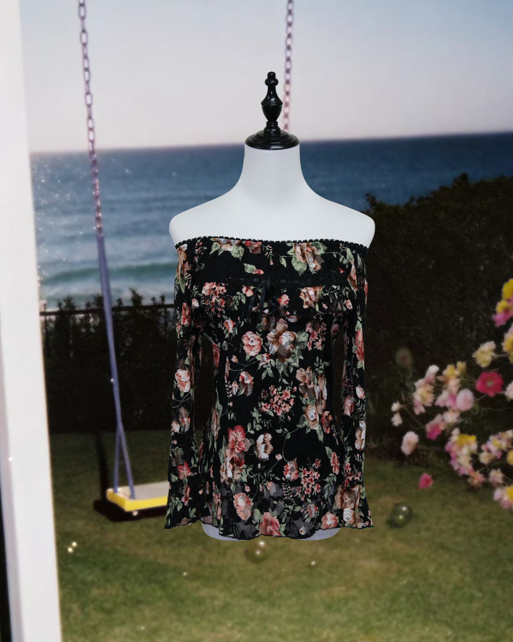Black Floral Print Sheer Mesh Off-the-Shoulder Ruffle Blouse