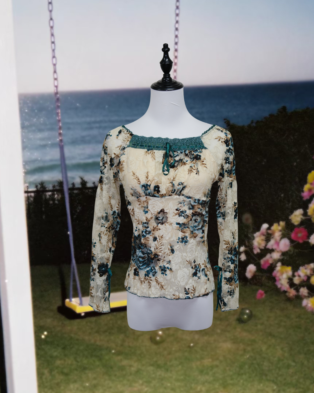 Cream Blue Floral Print Sheer Lace Square Neck Blouse