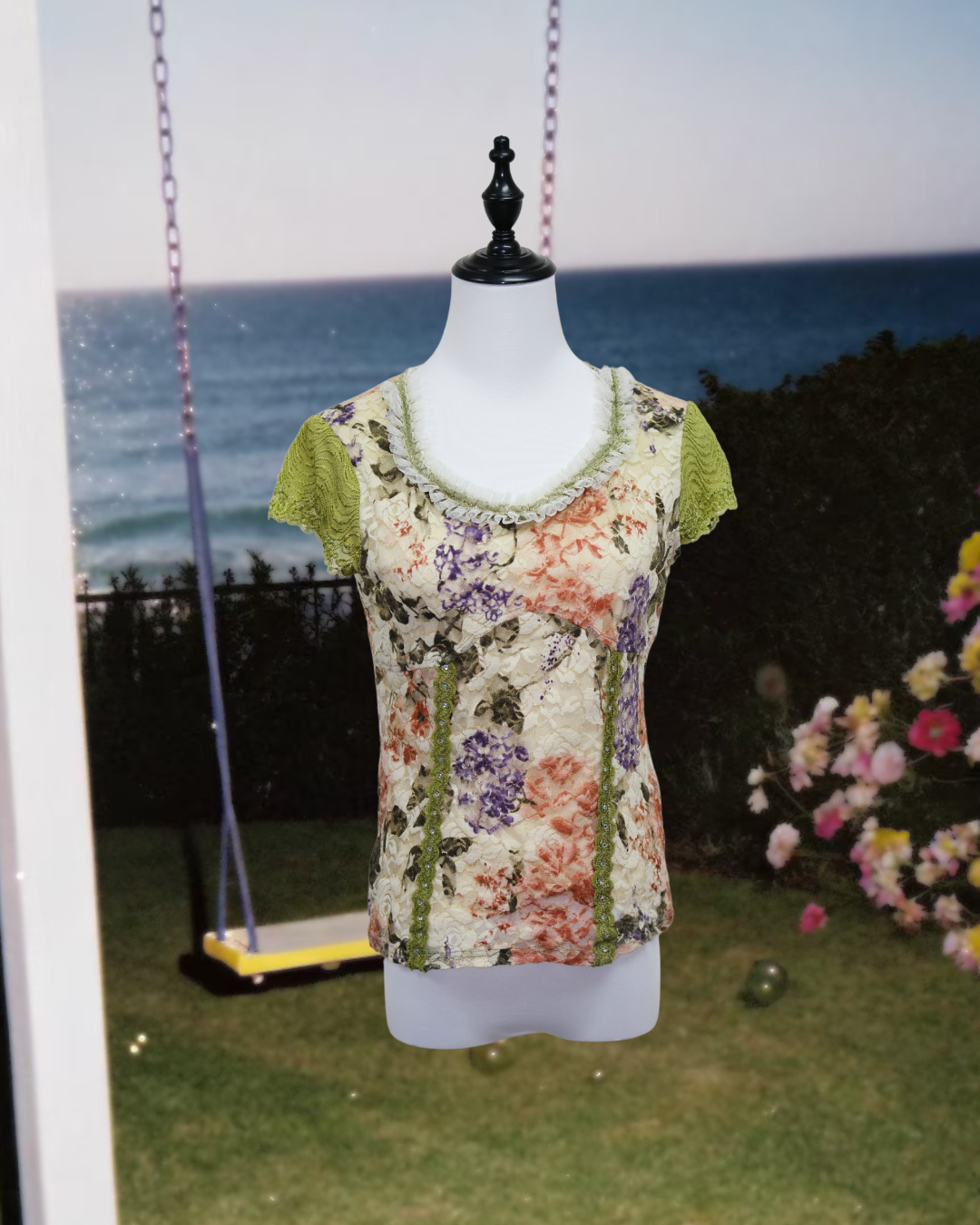 Cottagecore Floral Lace Short Sleeve Top with Green Lace
