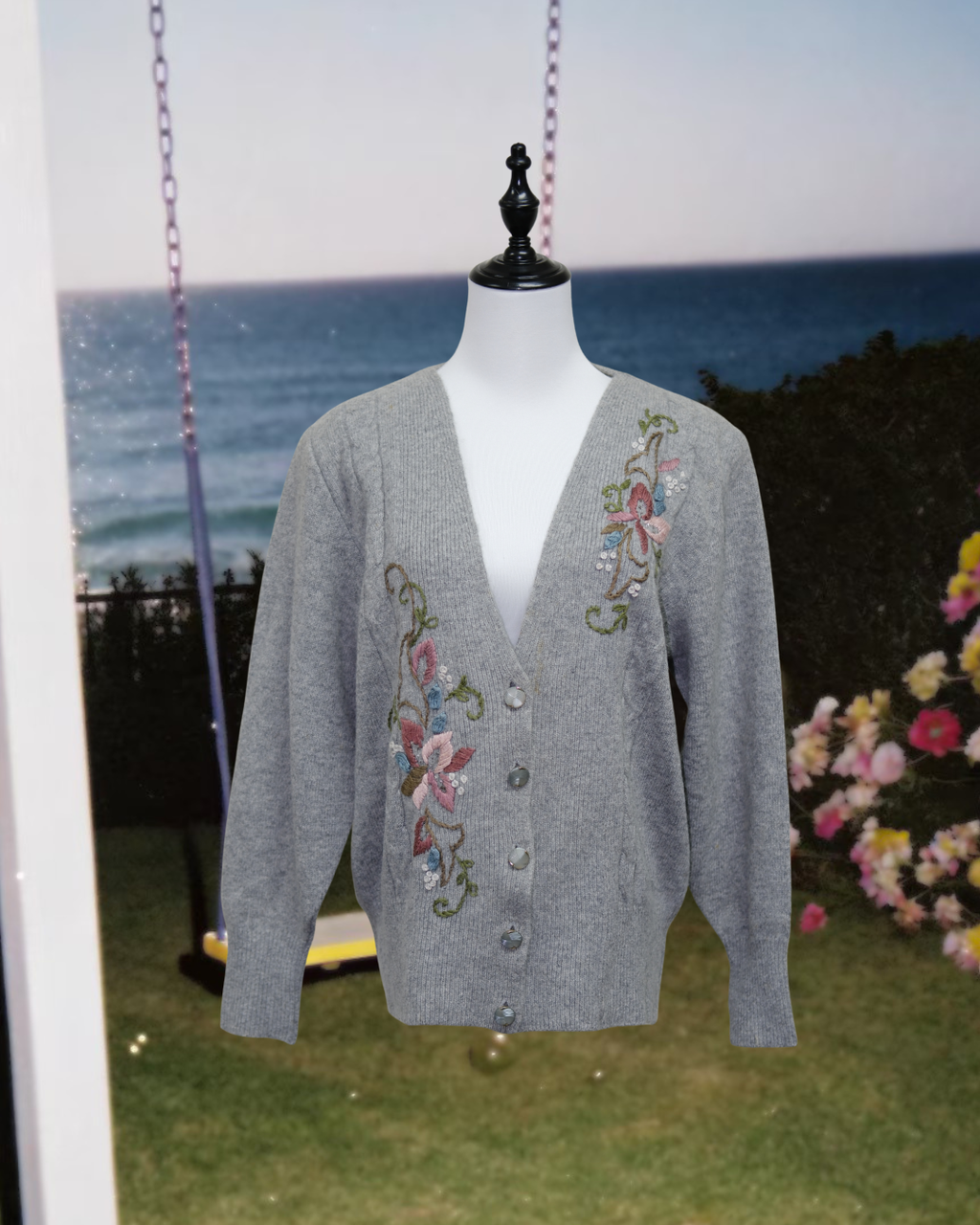 Heather Grey Embroidered Floral V-Neck Cardigan