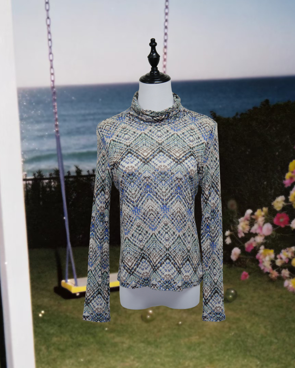 Geometric Ikat Diamond Print Sheer Mesh Turtleneck Top