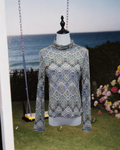 Geometric Ikat Diamond Print Sheer Mesh Turtleneck Top