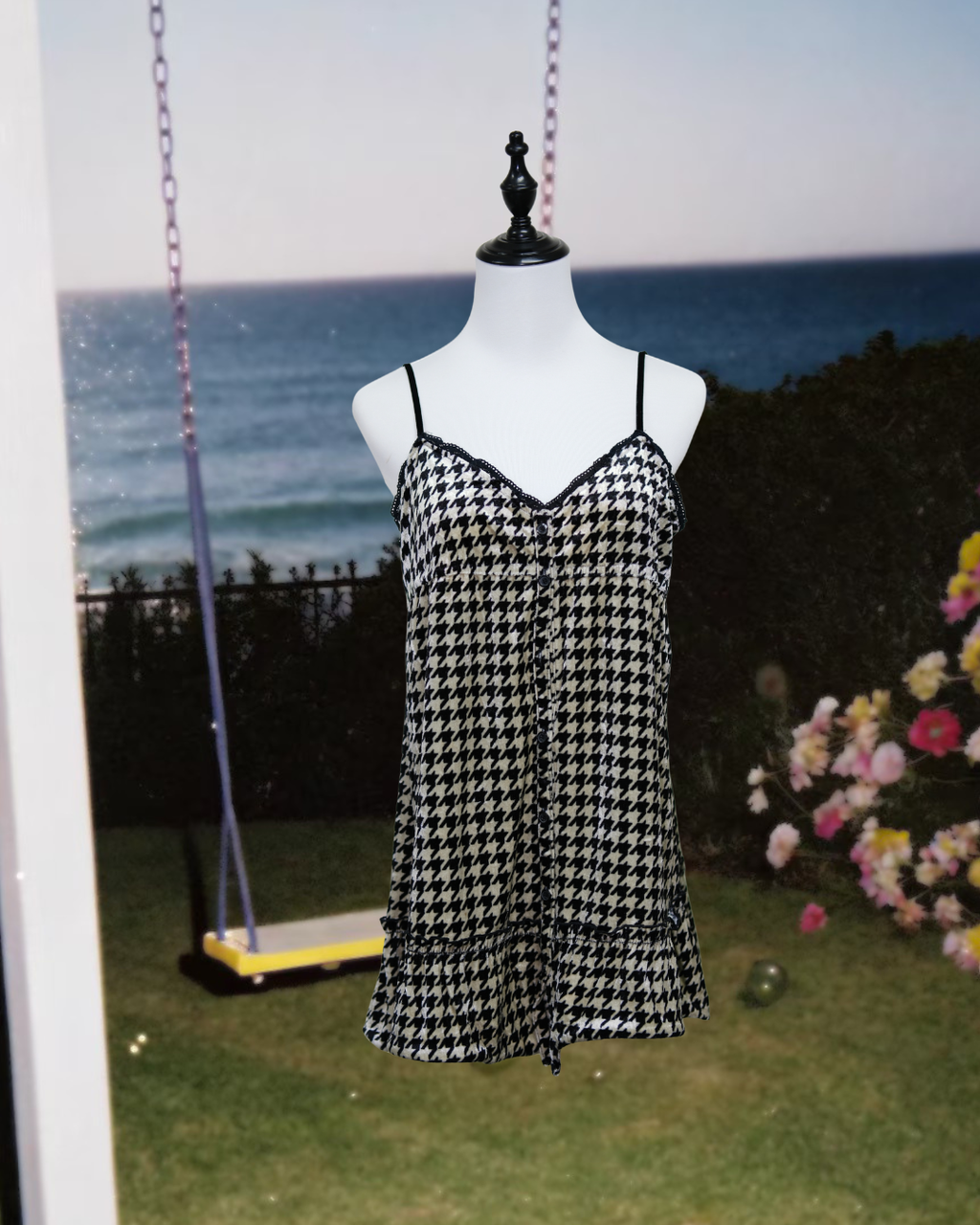 Houndstooth Satin Lace Trim Slip Dress Chemise