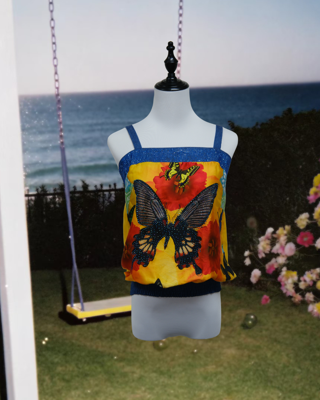 Yellow Rhinestone Butterfly Cami Top