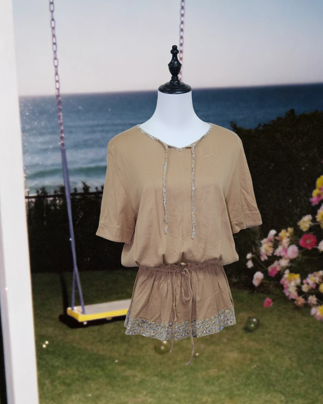 Tan Short Sleeve Peplum Top with Floral Neckline