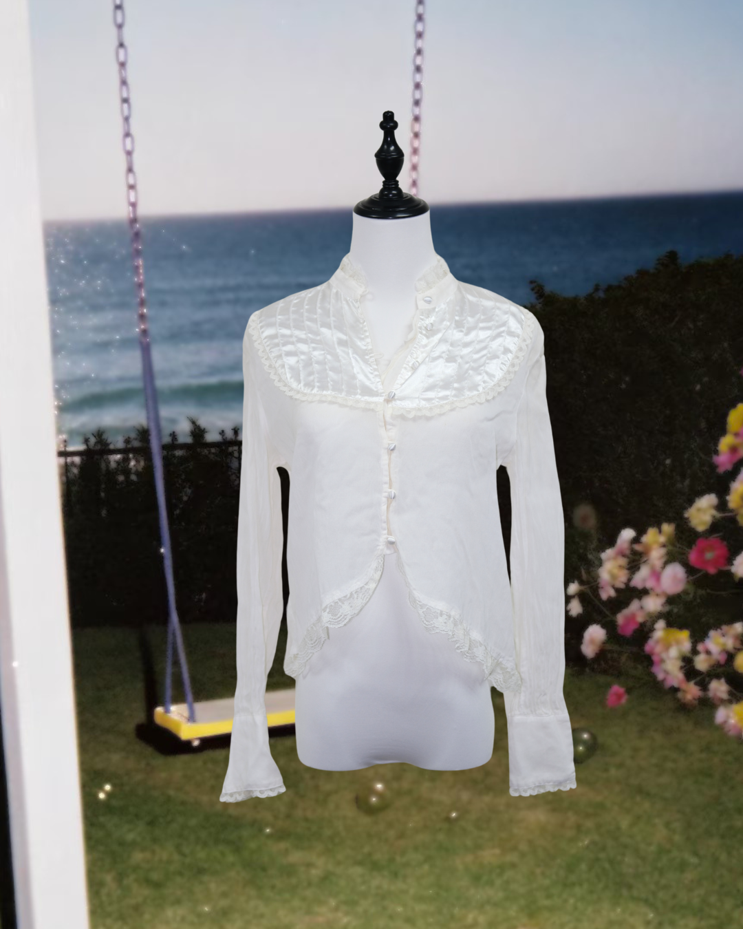 White Ruffled Lace Trim Button-Up Top