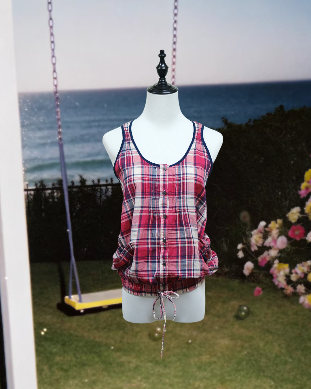 Red & Navy Plaid Drawstring Waist Button-Down Tank