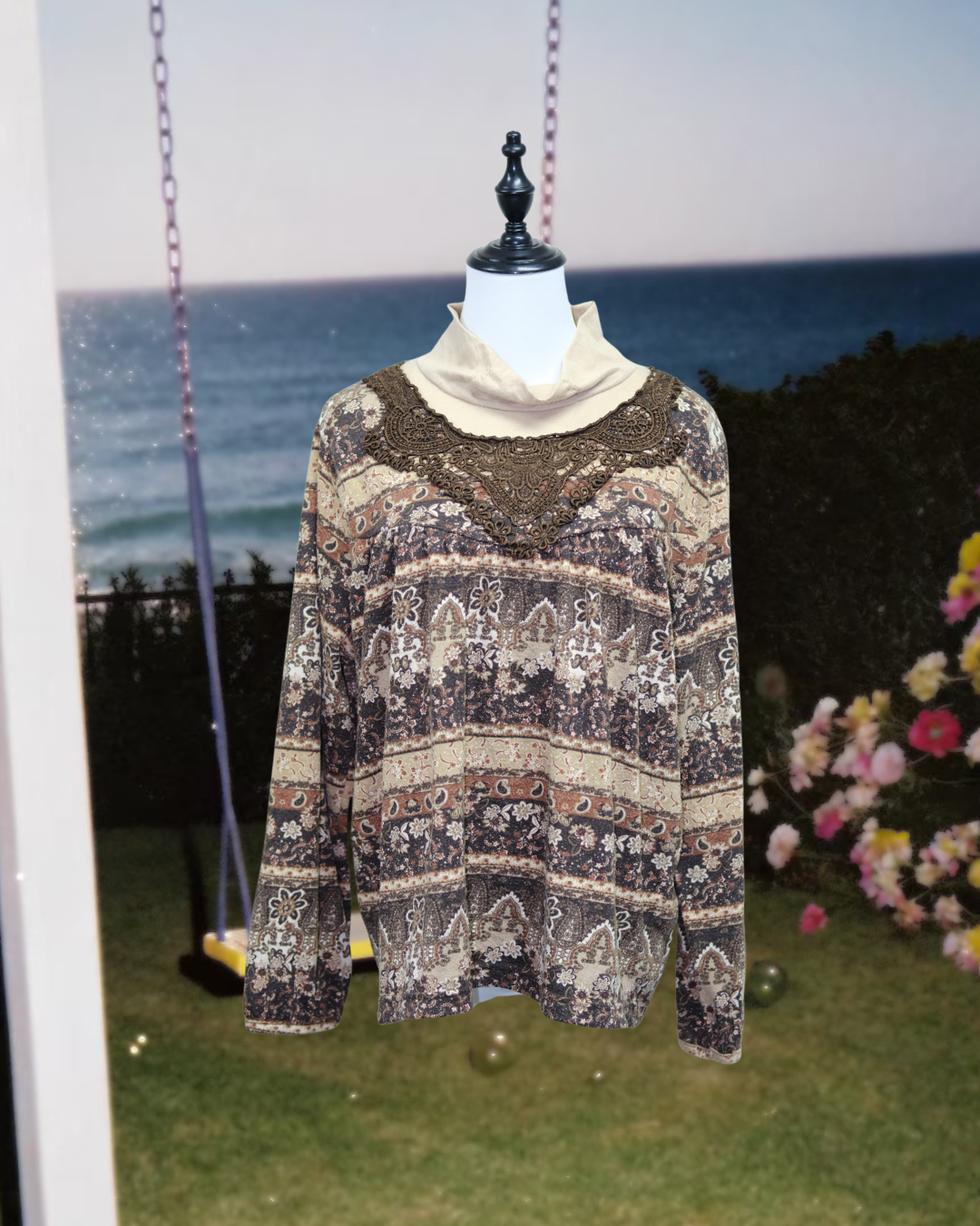 Boho Paisley Floral Print Cowl Neck Blouse with Crochet Lace
