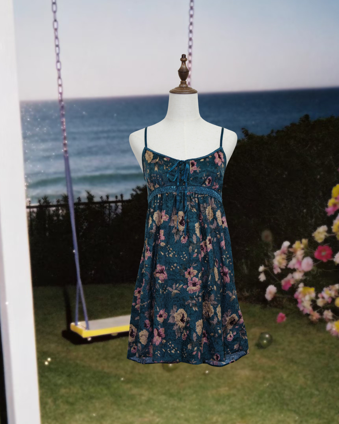 Teal Floral Print Babydoll Slip Dress