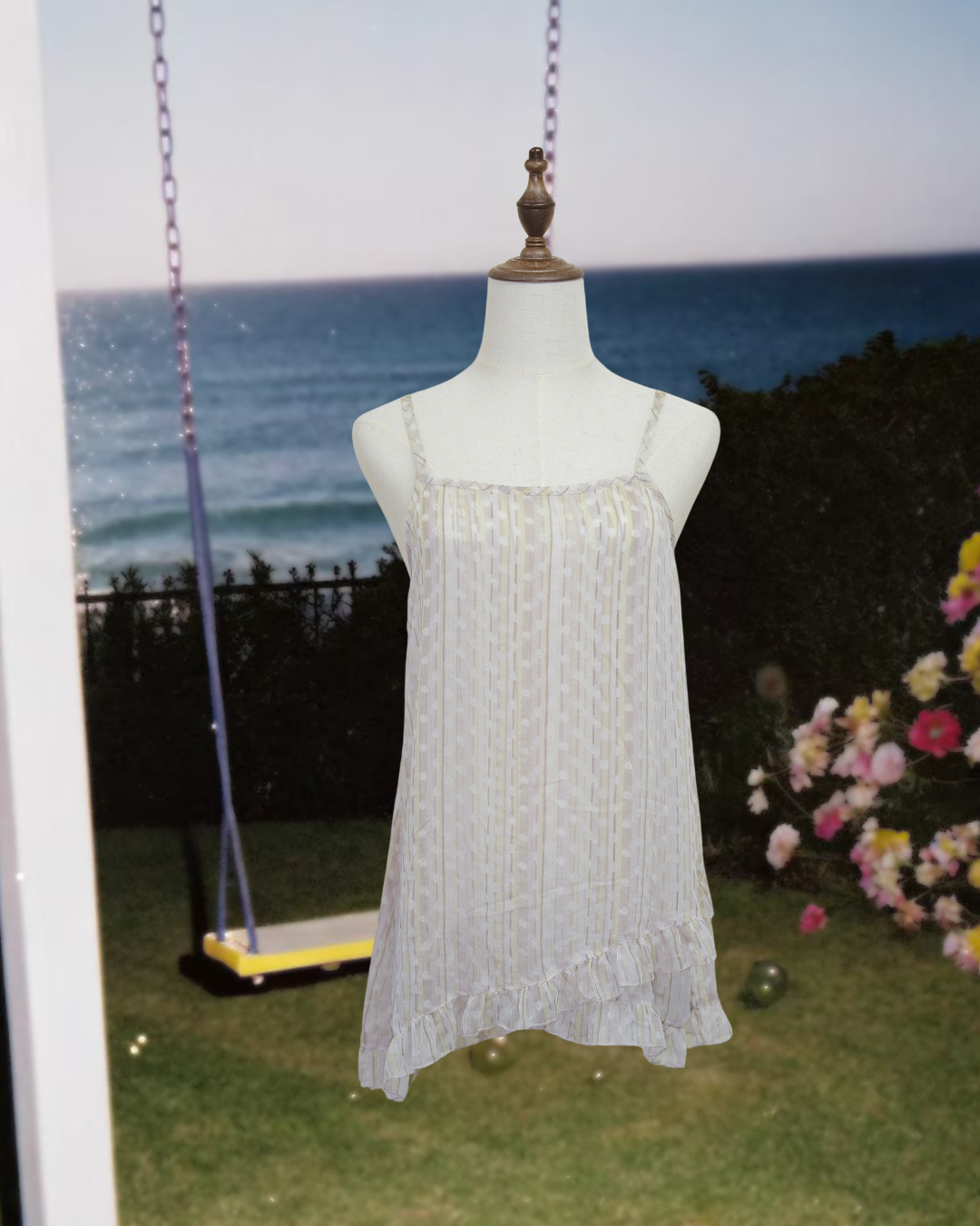 Light Grey Sheer Striped & Dot Chiffon Cami