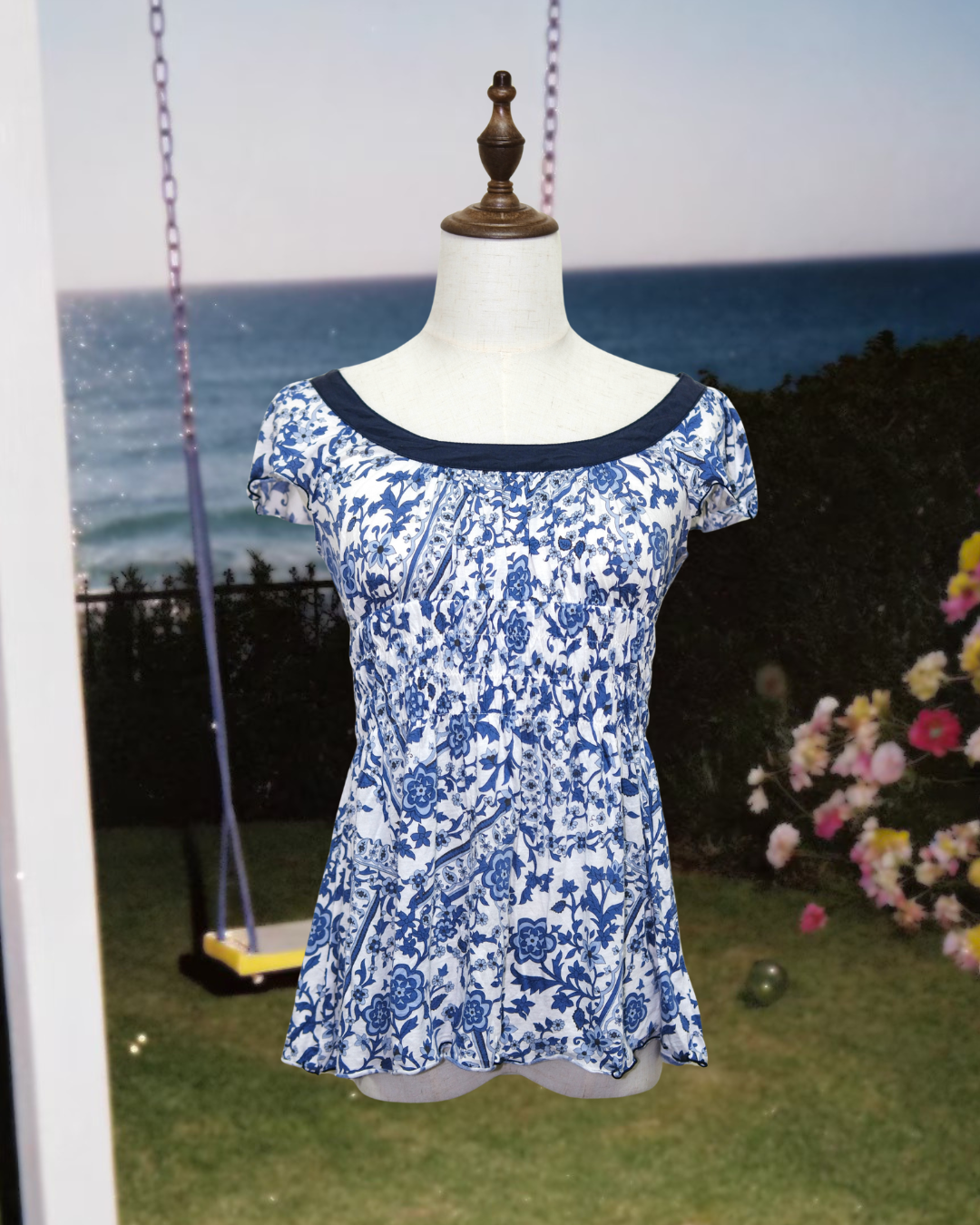 Porcelain Print Off-Shoulder Waisted Top