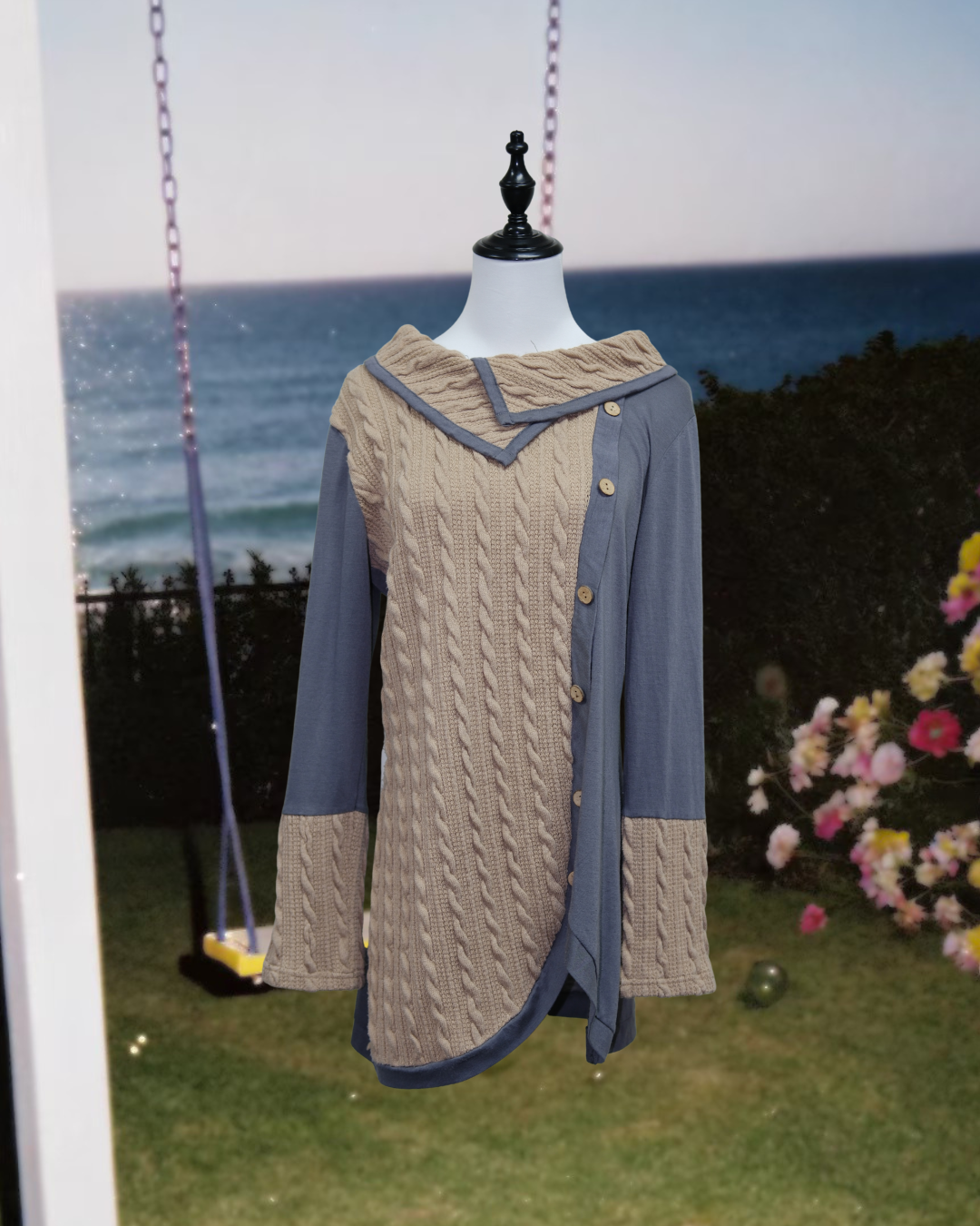 Cable Knit Colorblock Asymmetrical Tunic Sweater