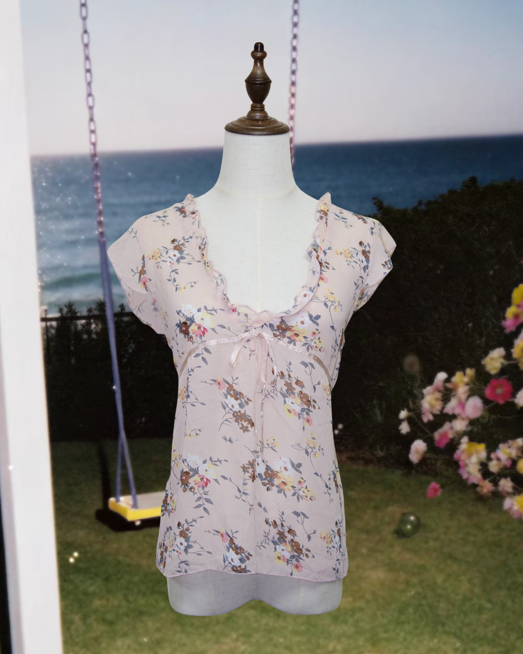 Blush Floral Ruffled V-Neck Tie-Front Chiffon Top