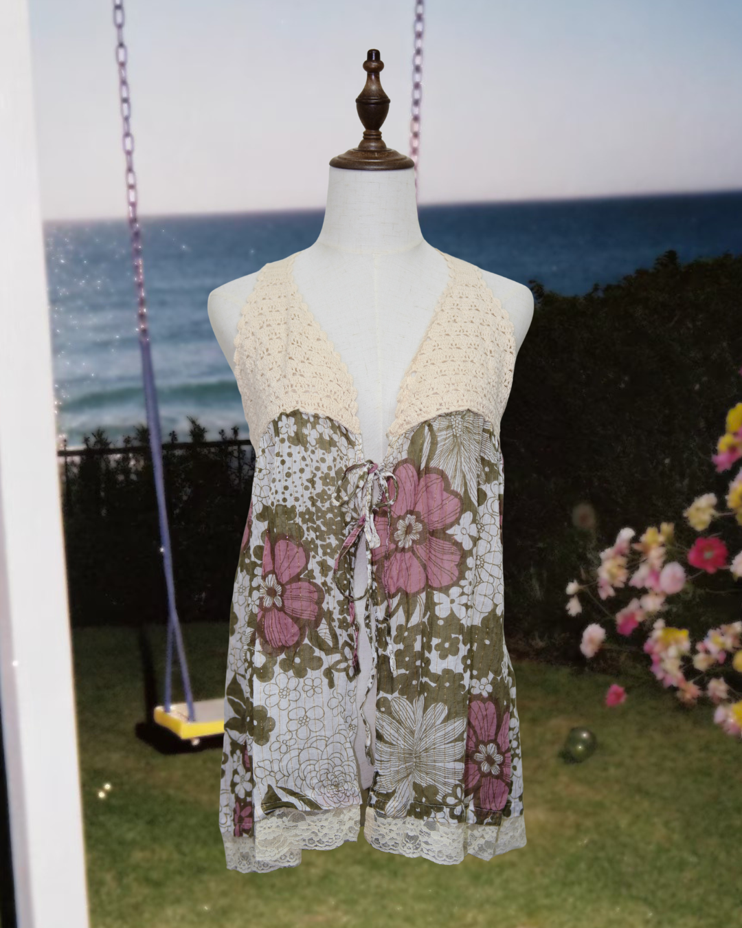 Floral Crochet Halter Open-Front Cover-Up