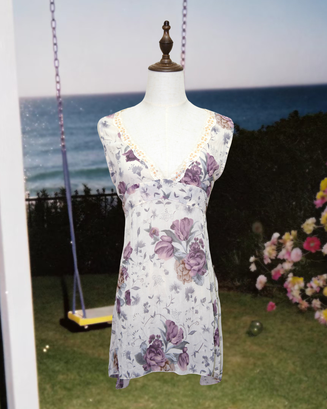 Purple Tulip Print Lace V-Neck Chiffon Slip Dress