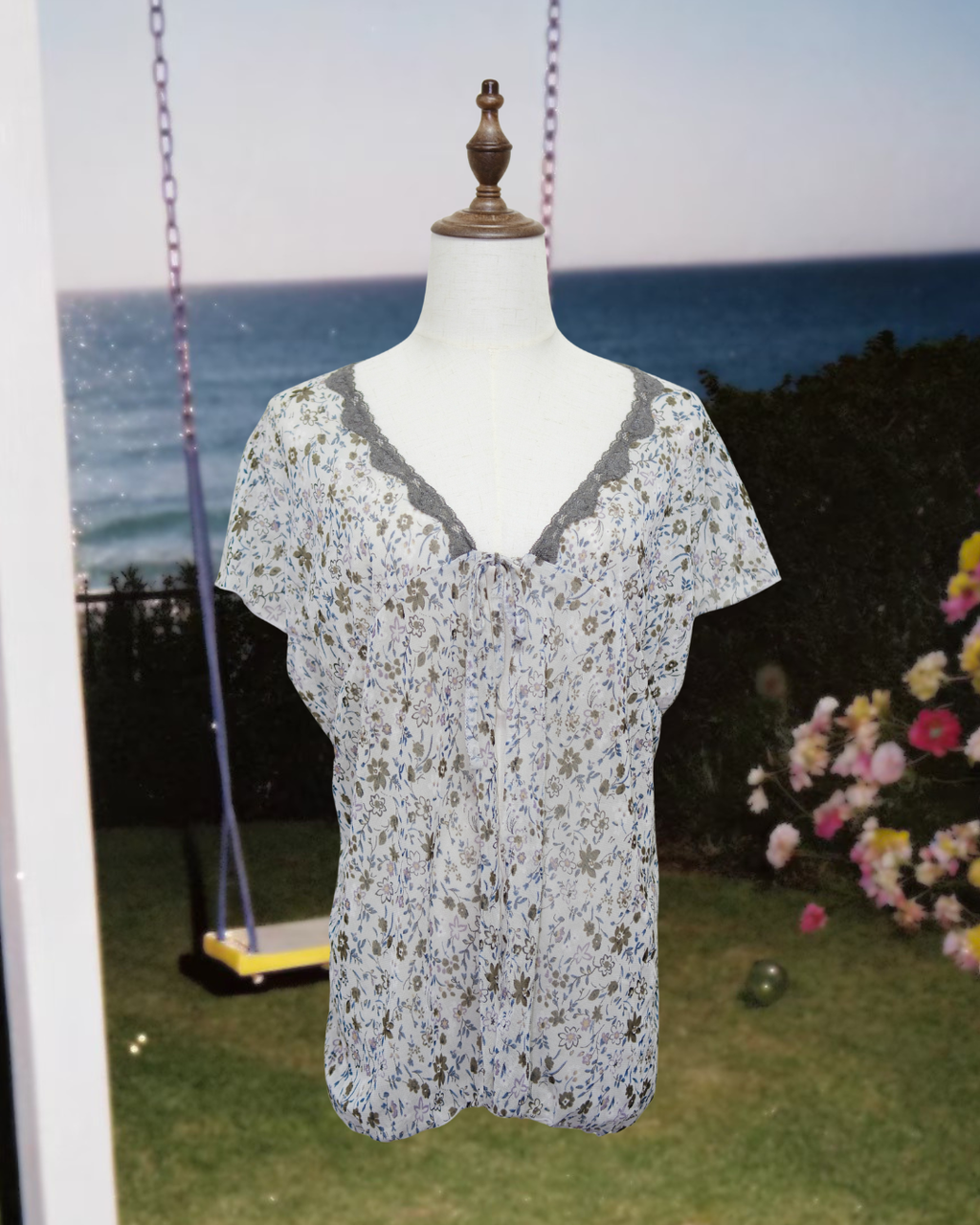 White Base Gray-Green Floral V-Neck Lace Tie-Front Chiffon Top