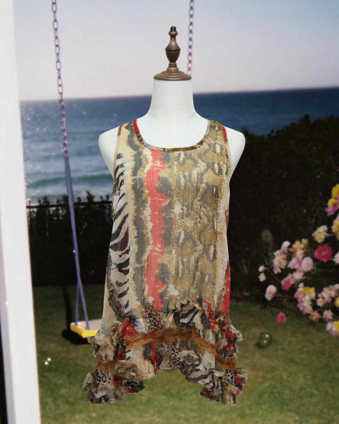 Mixed Animal‑Print Ruffled Lace Chiffon Tank Top