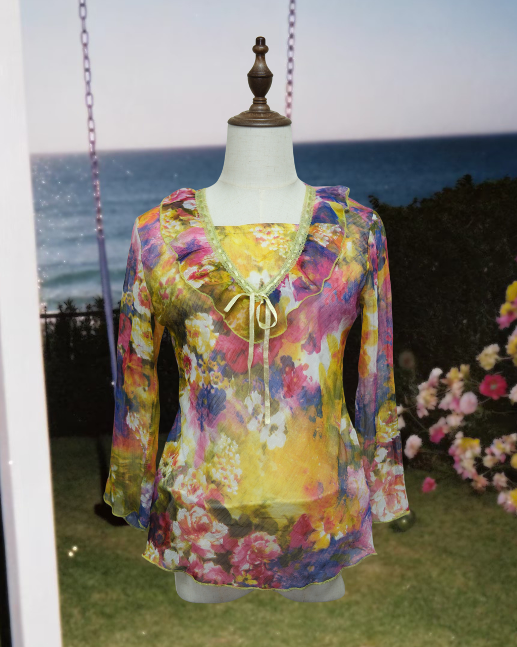 Watercolor Floral Ruffle Neck Tie Flared Sleeve Chiffon Blouse