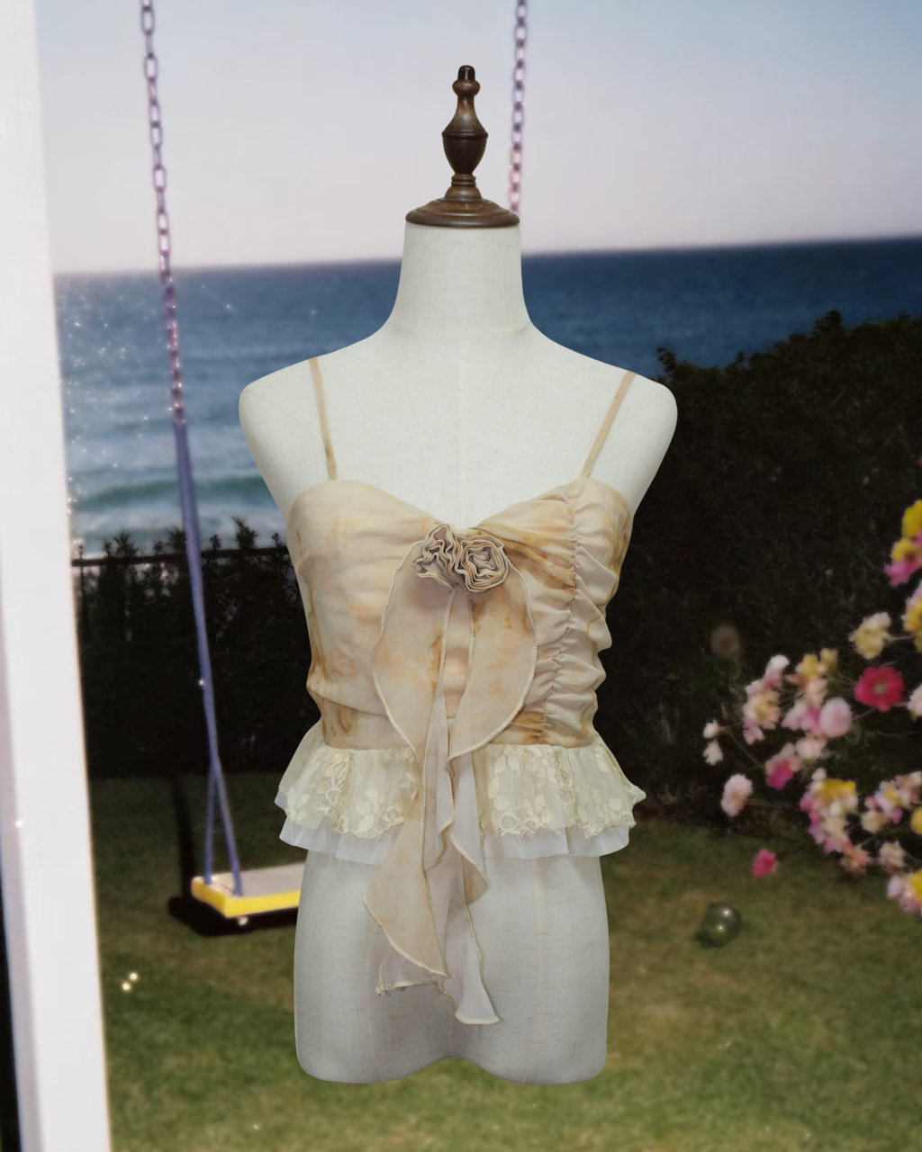 Watercolor Dye Fabric Flower Tie Lace Ruffle