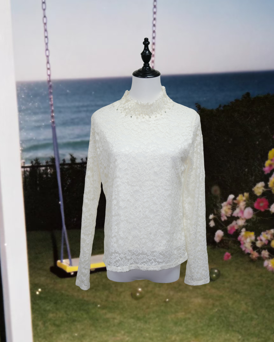 Cream Lace Ruffle High Neck Blouse with Rhinestone