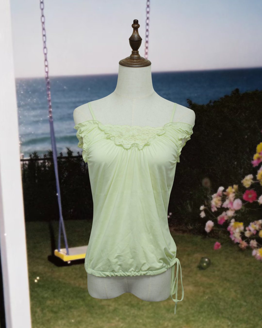 Light Green Lace Ruffle Drawstring Top