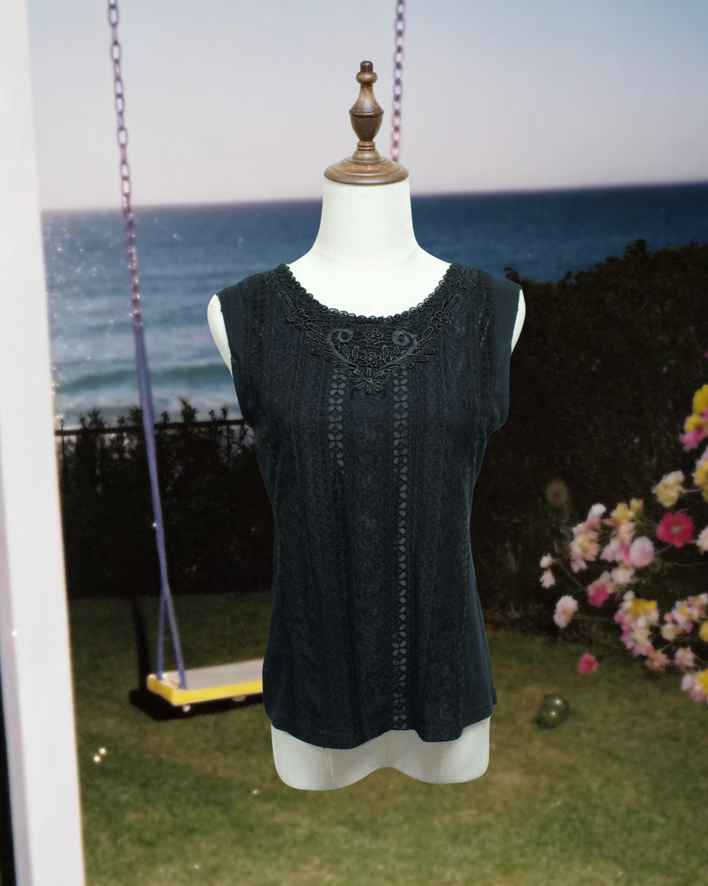 Black Round Neck Sheer Lace Sleeveless