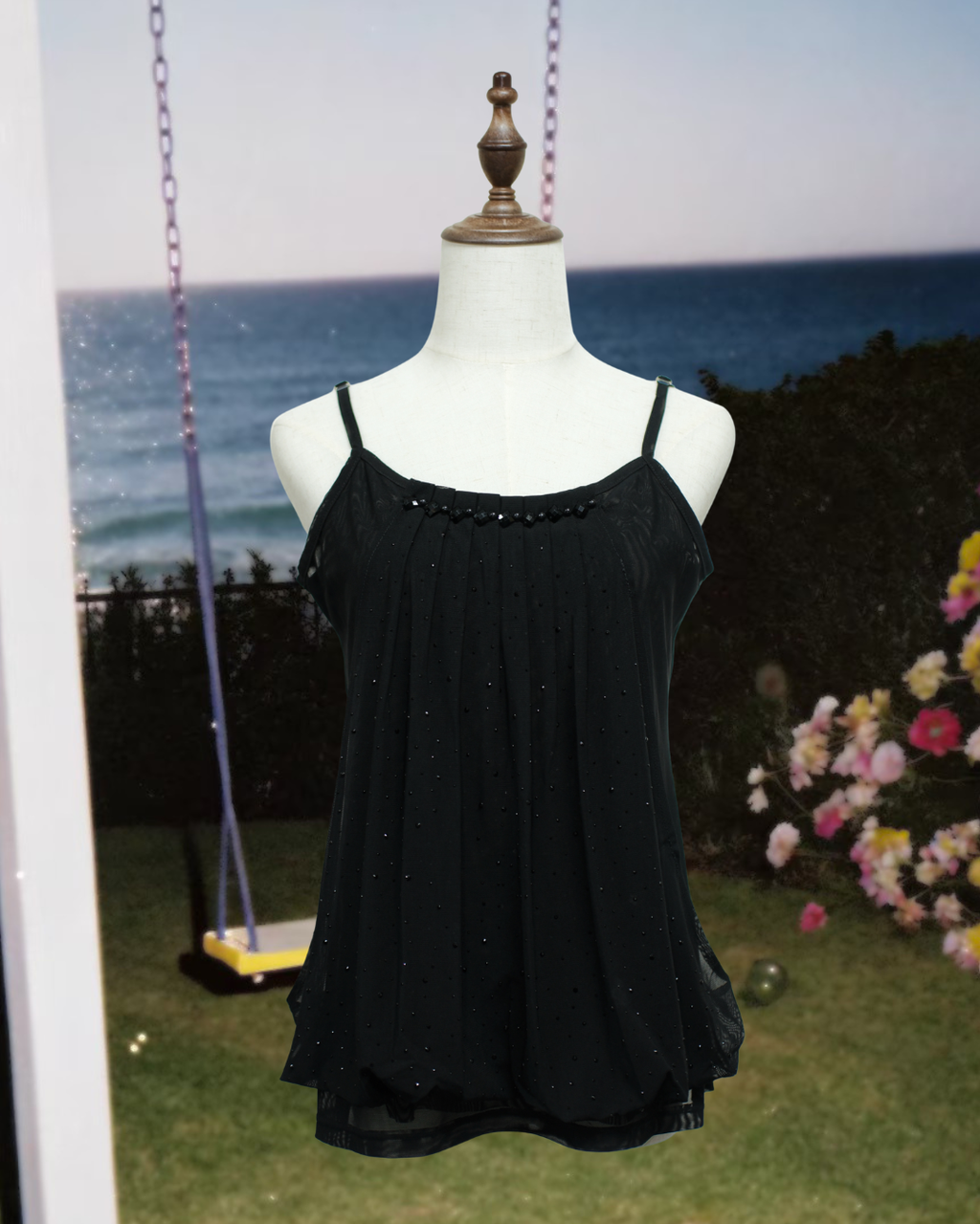 Black Rhinestone Gathered Sheer Strap