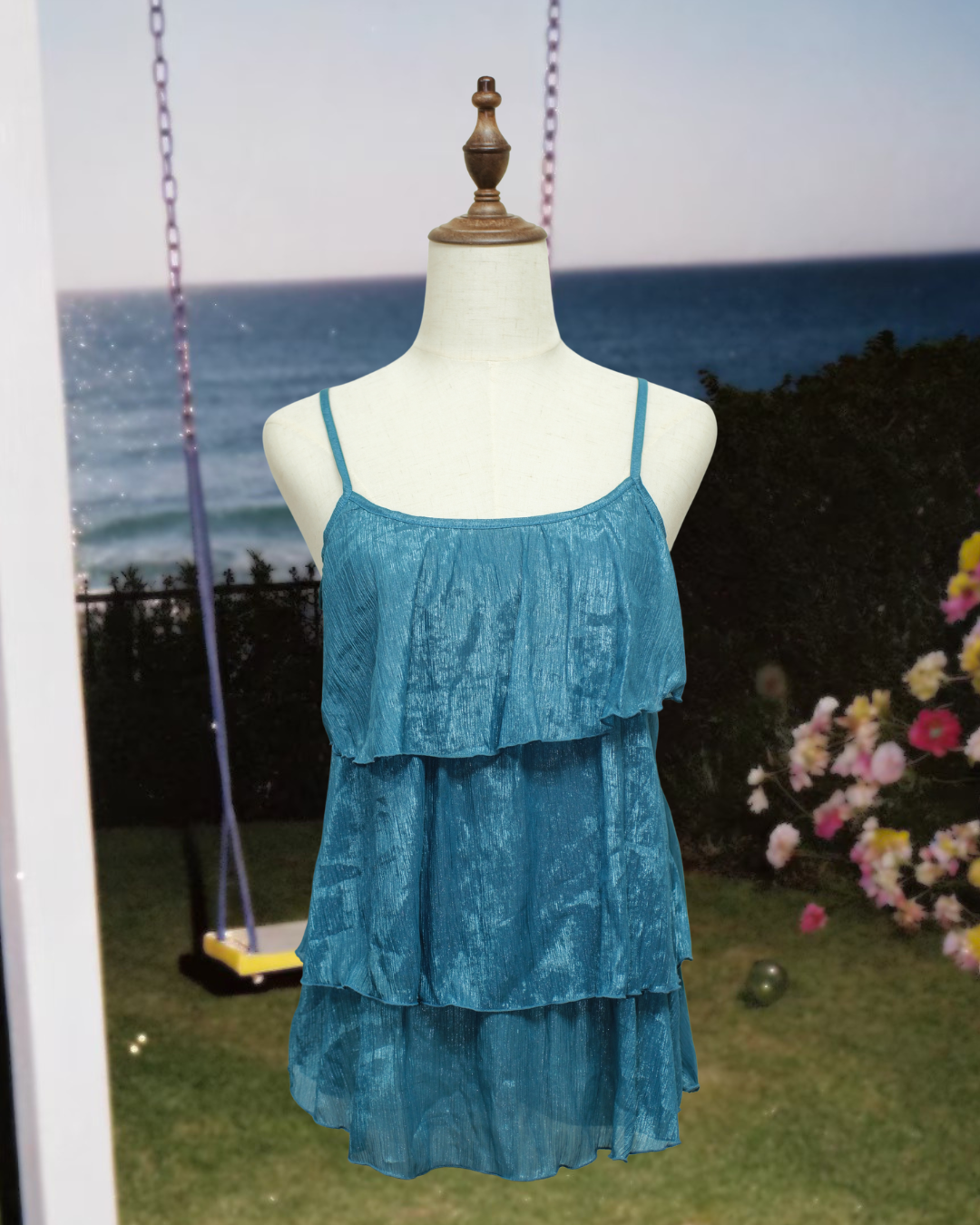 Peacock Blue Shimmery Three-Tier Ruffled Crinkle Chiffon Cami