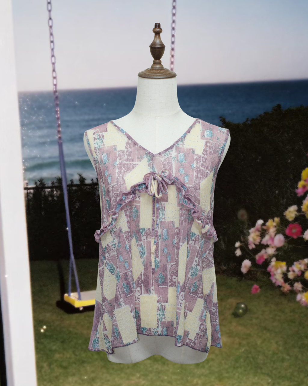 Purple Patchwork Floral V-Neck Ruffle Sleeveless Top