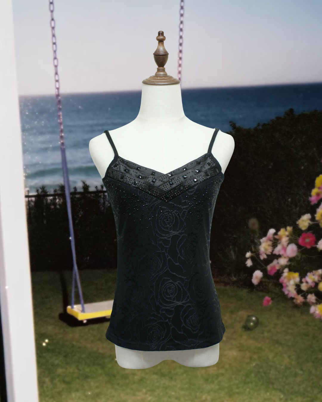 Black Embossed Rose Rhinestone V-Neck Cami