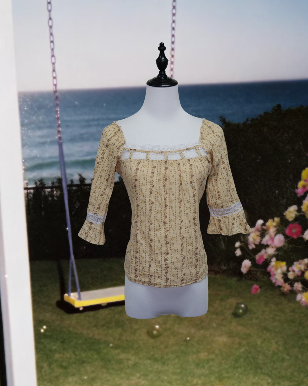 Beige Ditsy Floral Print Square Neck Blouse with Lace Trim