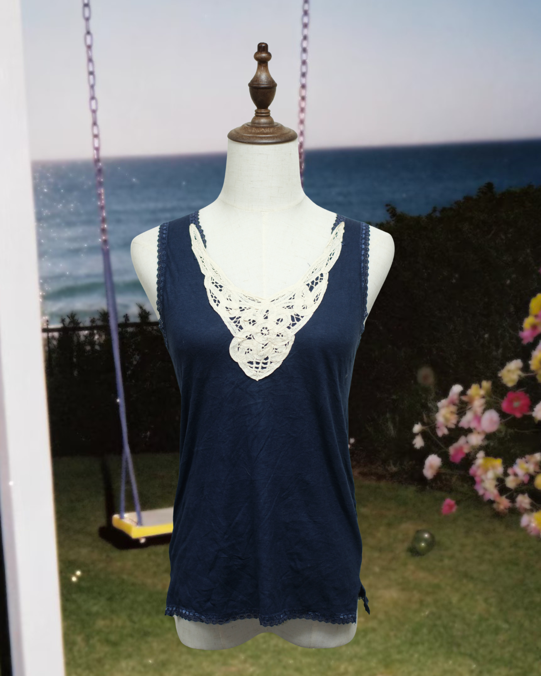 Navy White Crochet V‑Neck Wear