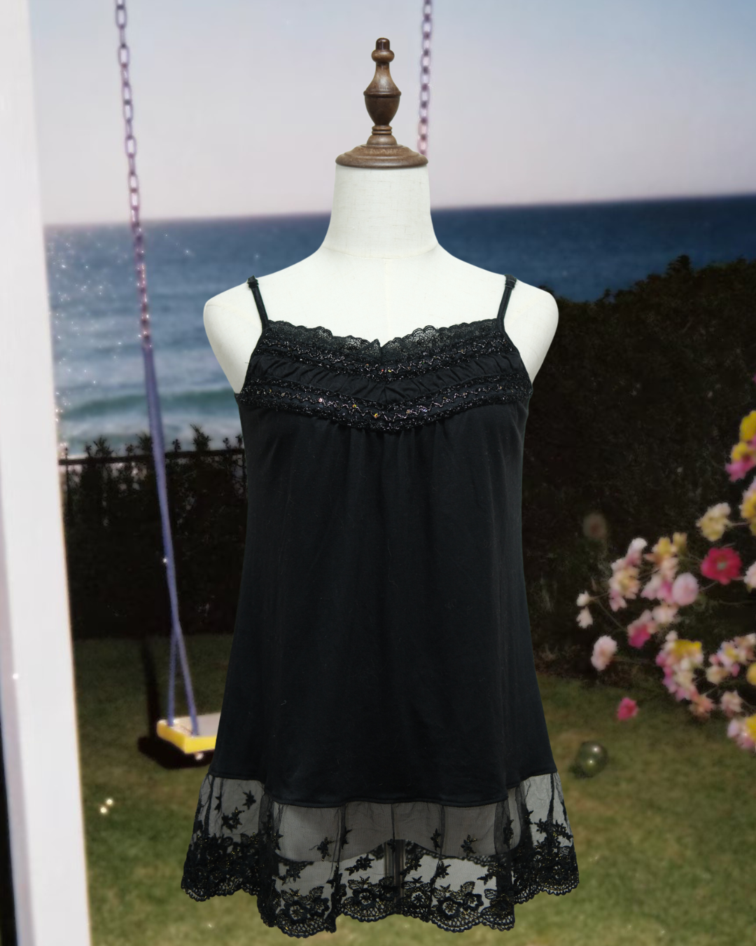 Black Beaded Lace Mesh‑Hem Wear