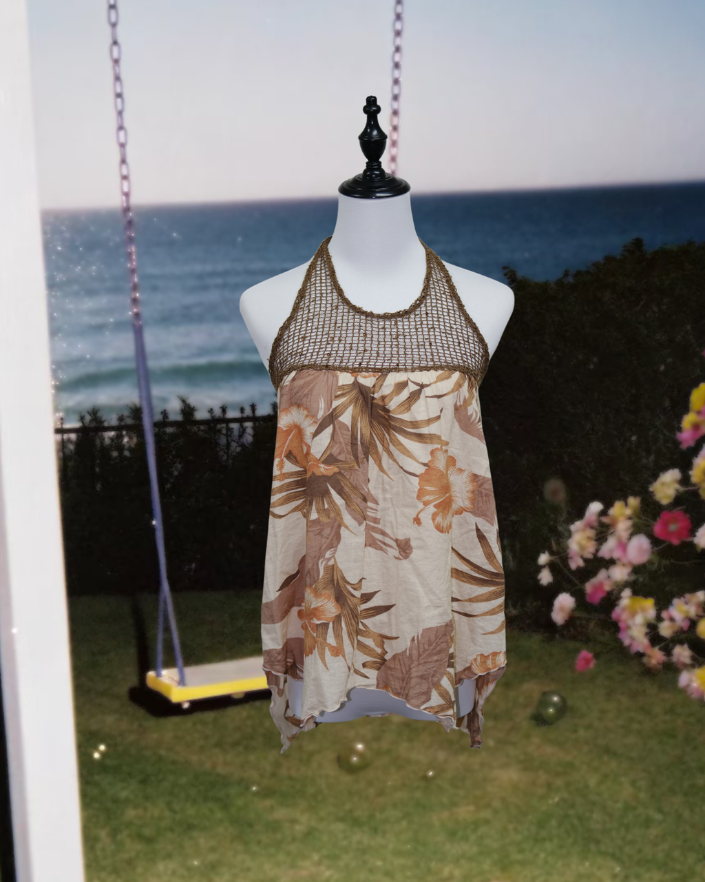 Boho Tropical Floral Print Crochet Halter Top with Handkerchief Hem