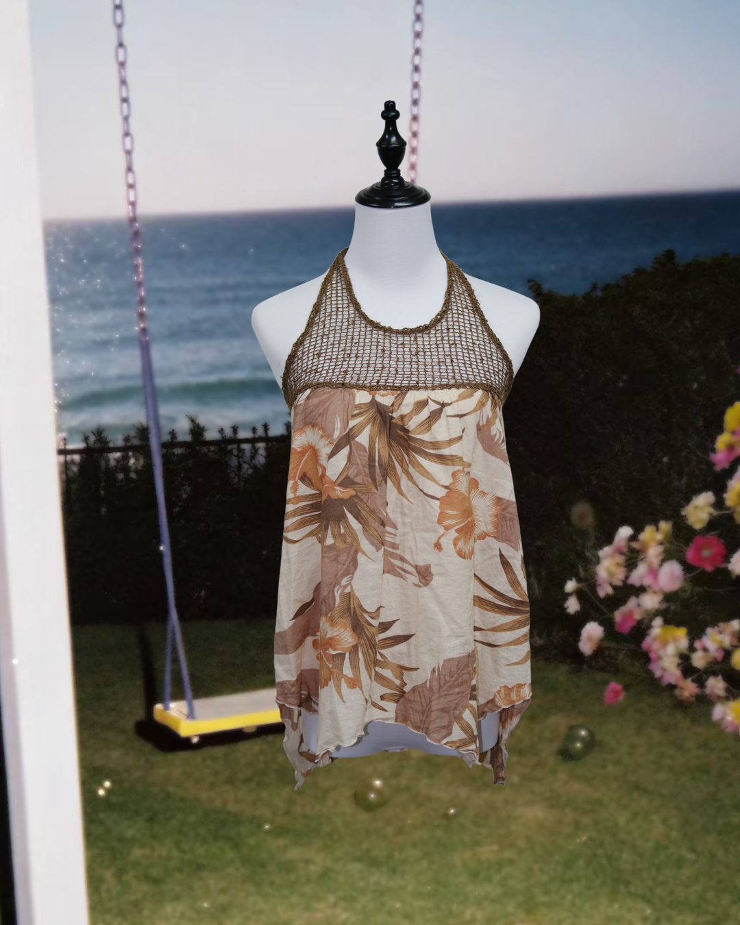 Boho Tropical Floral Print Crochet Halter Top with Handkerchief Hem