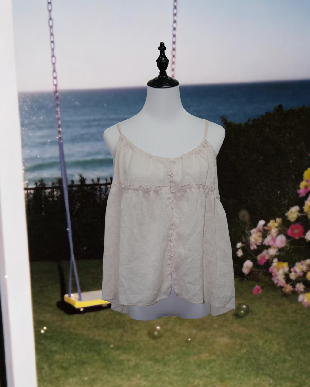 Beige Sheer Ruffle Button Front Cami Top with Spaghetti Straps