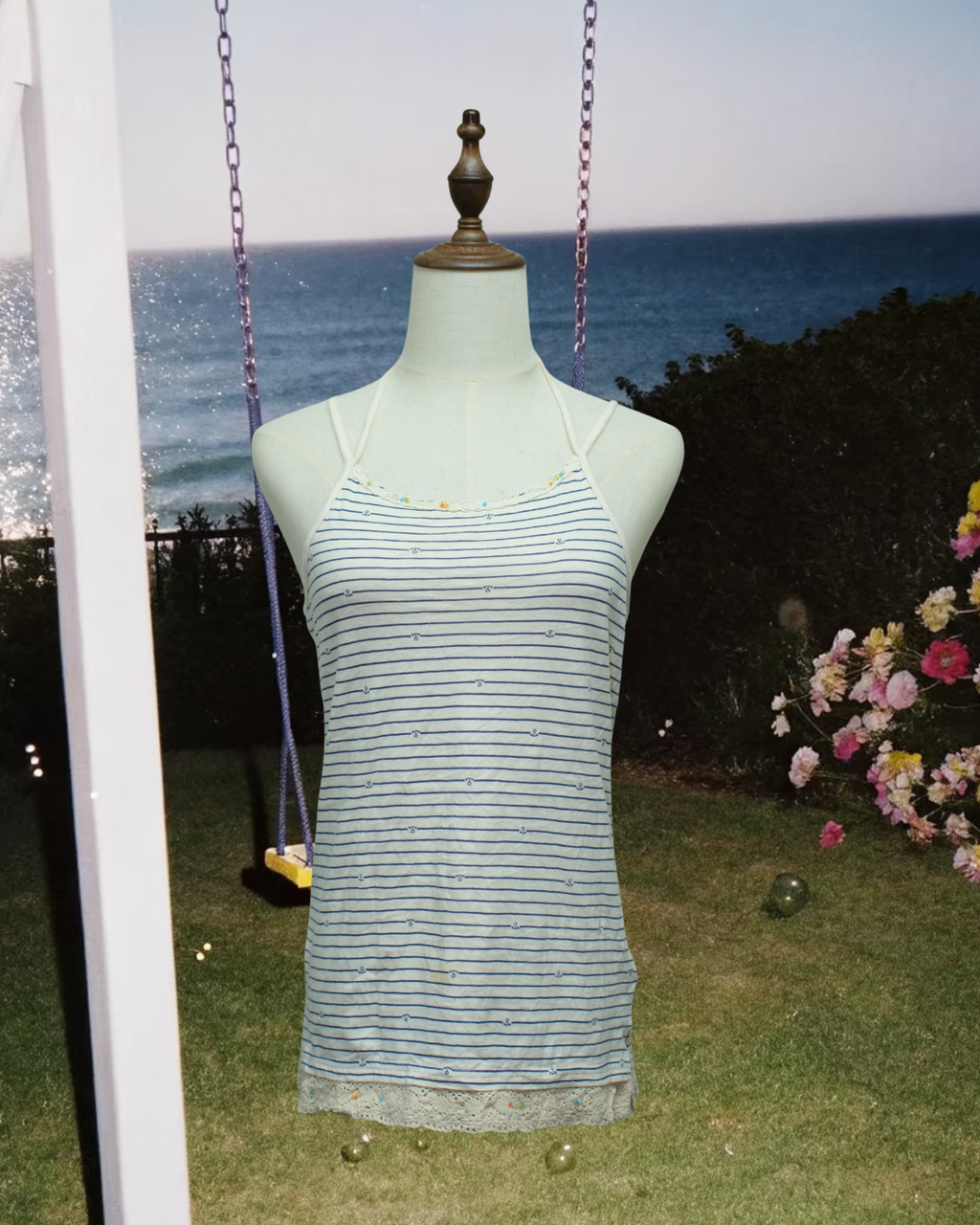 Blue White Stripe Cotton Lace Tank