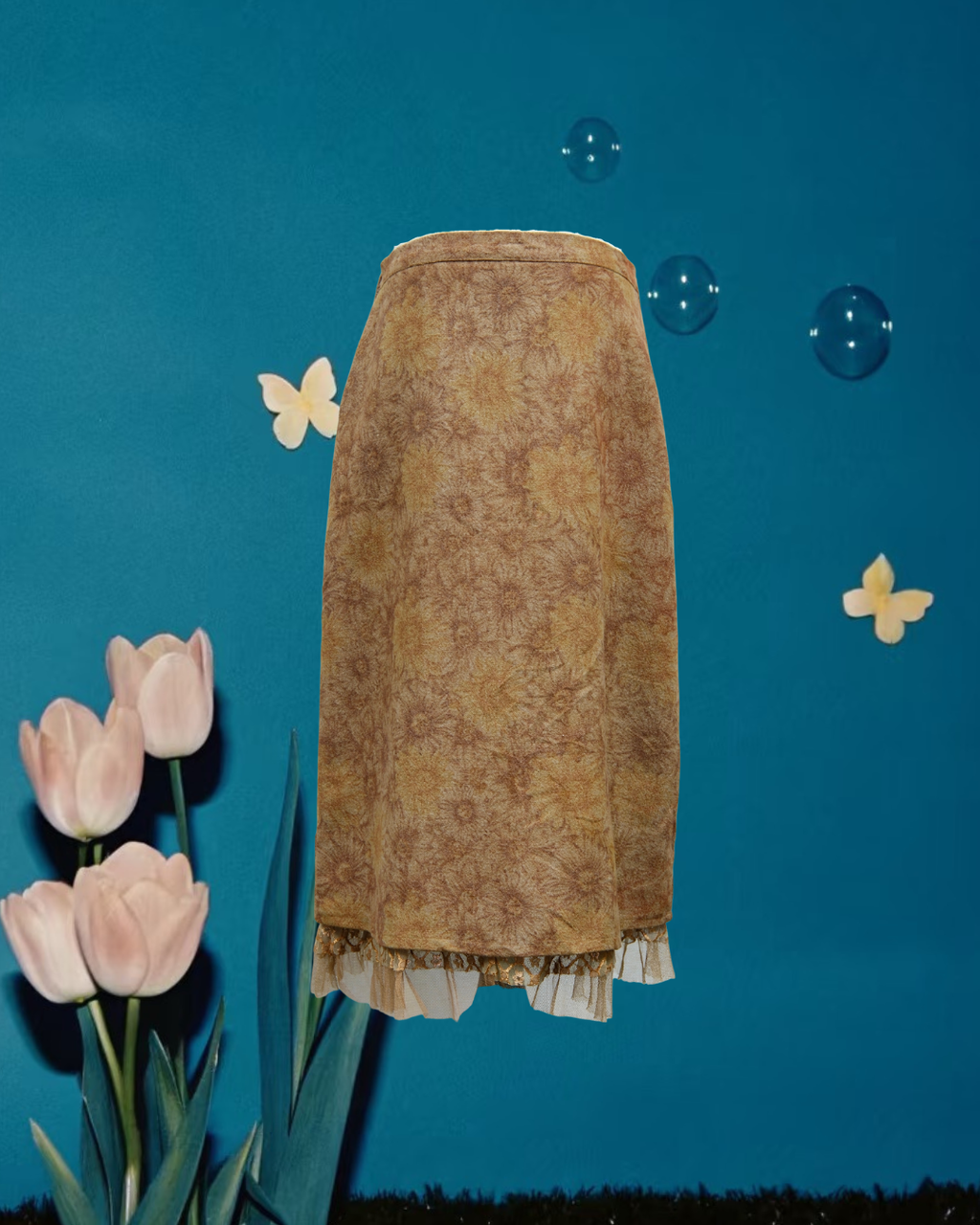 Brown Floral Print Midi Skirt with Lace Hem