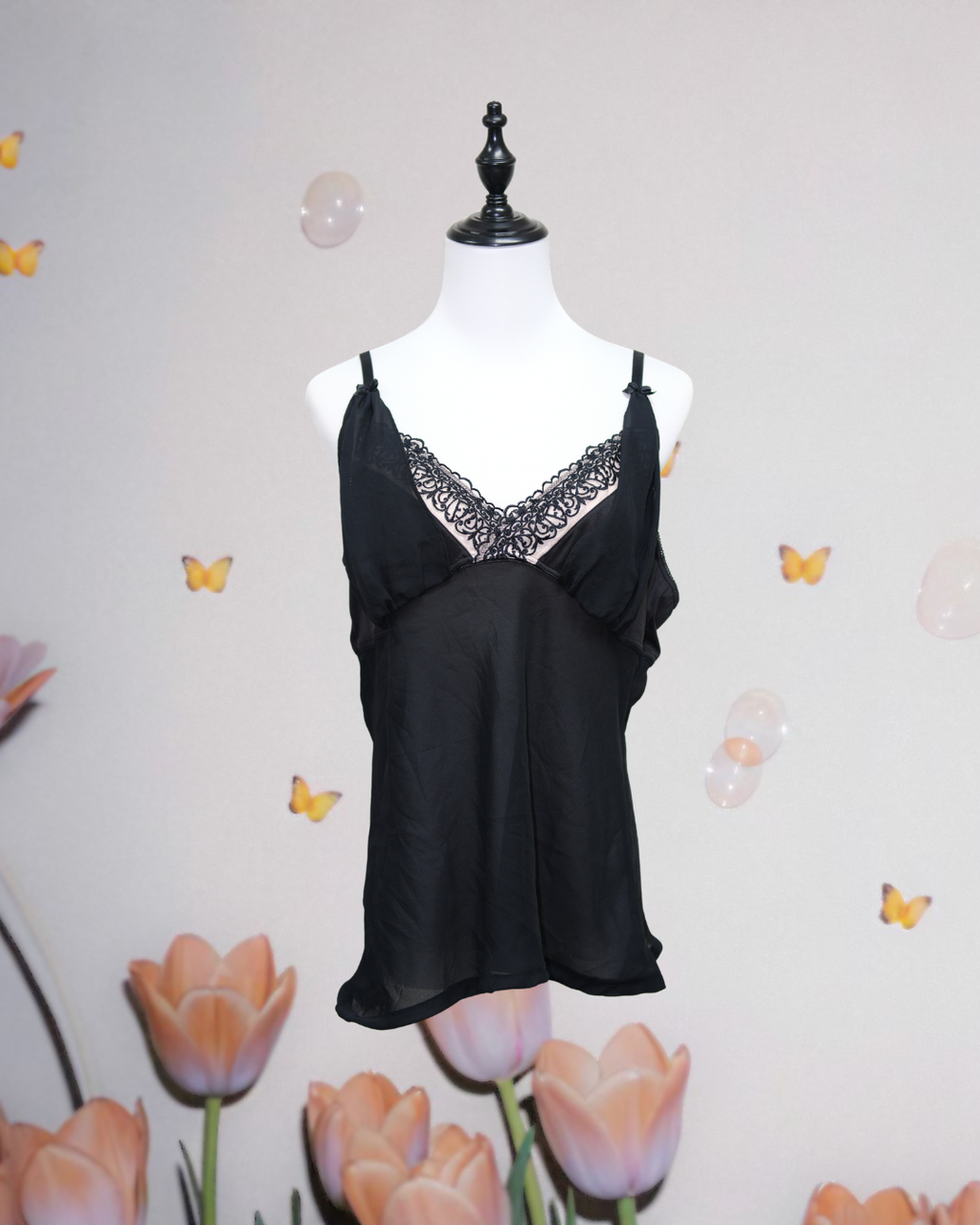 Black Sheer Mesh Camisole with Lace Trim