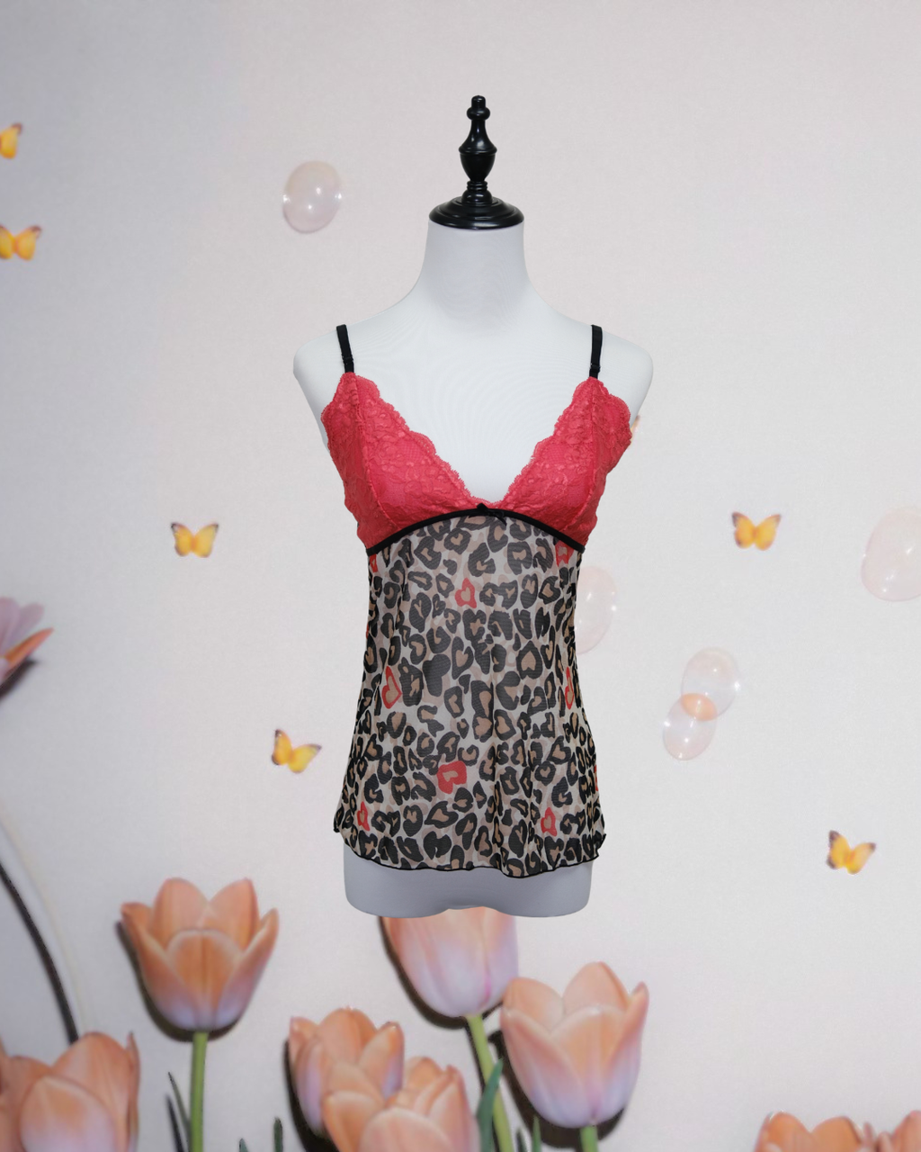 Red Leopard Print V-Neck Lace Camisole