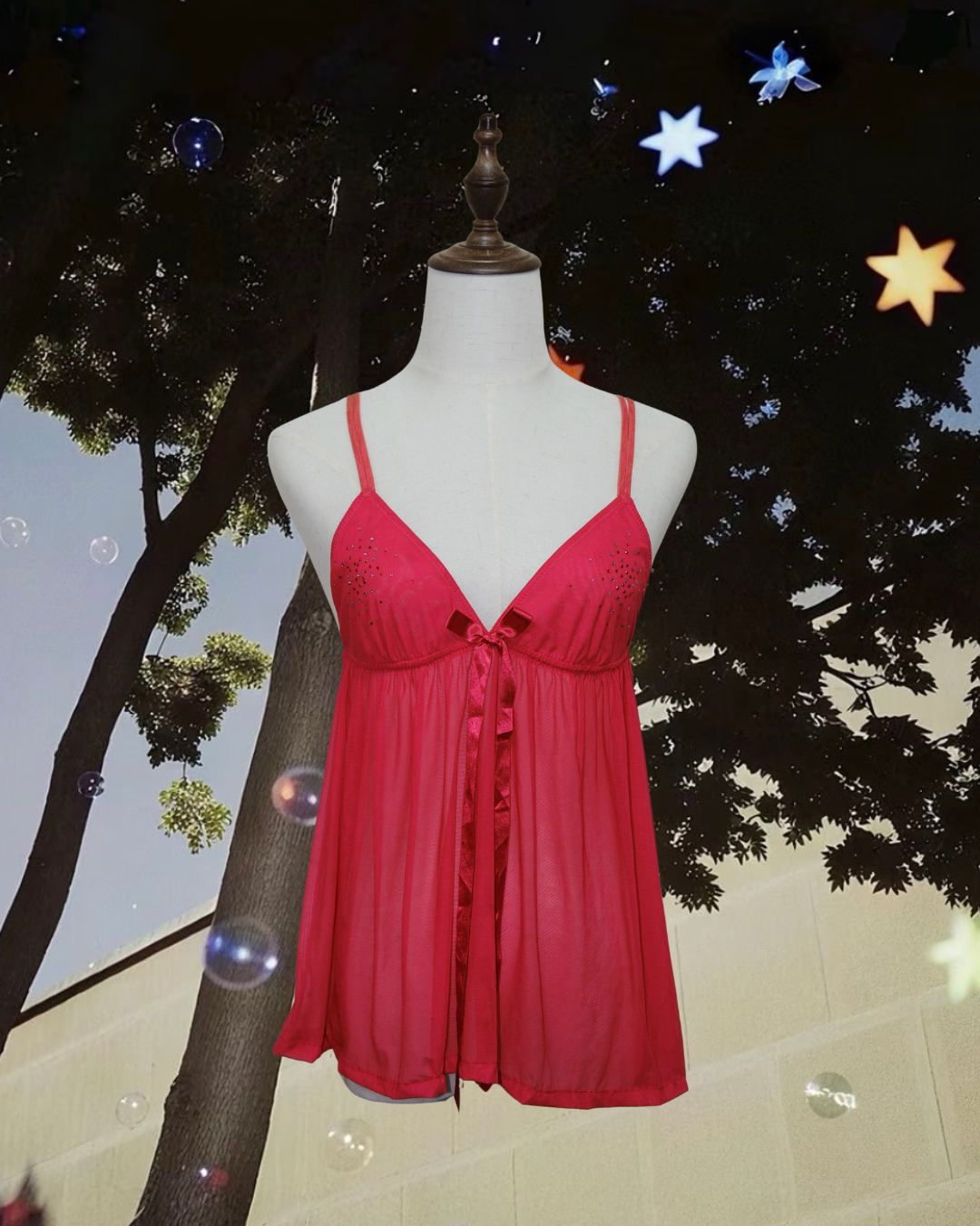 Red Rhinestone Mesh Babydoll Camisole Top