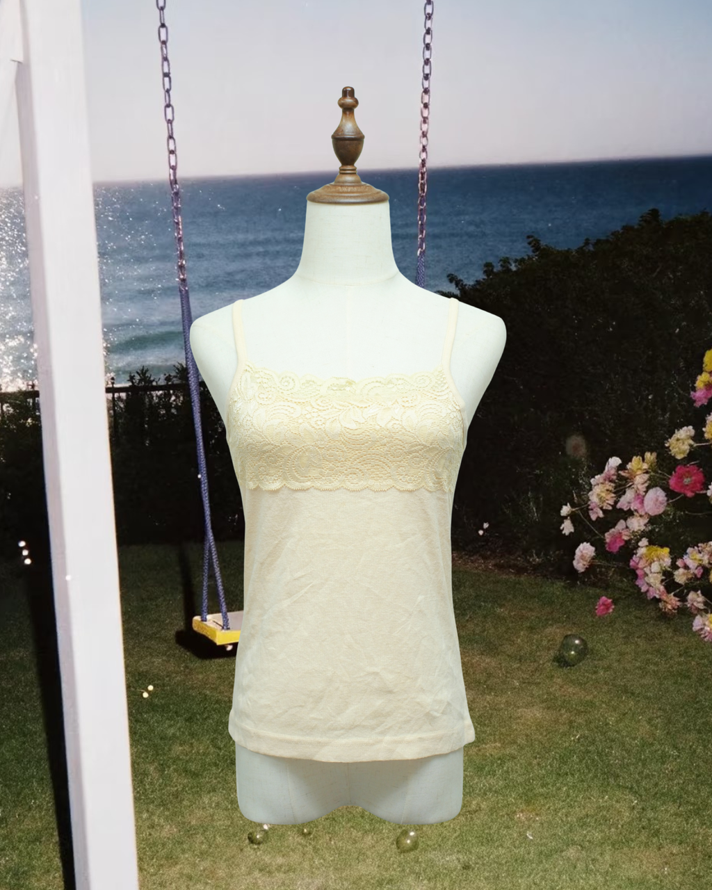 Pale Yellow Scalloped Lace Knit Tank