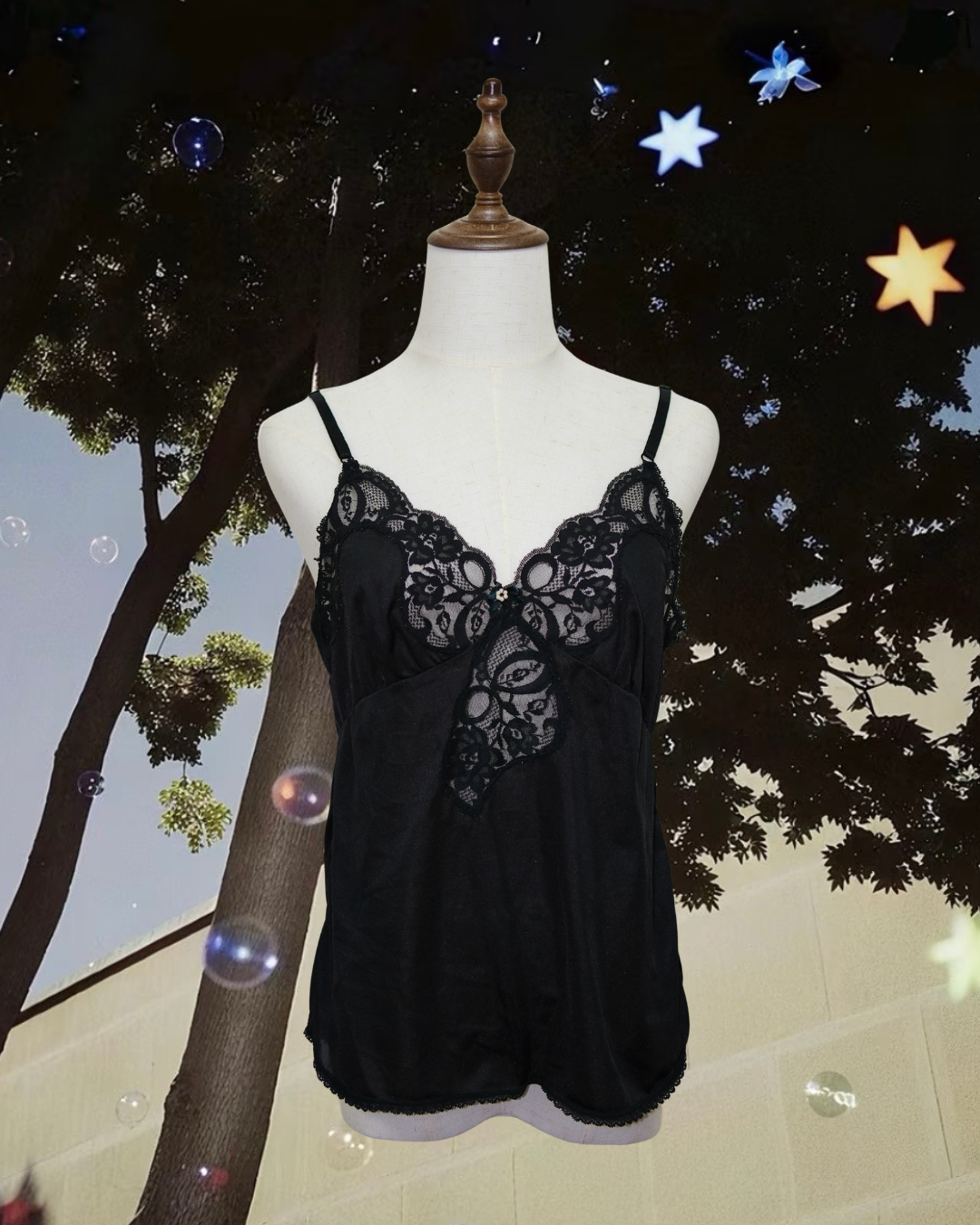 French Pure Desire Black Satin & Lace Camisole Top