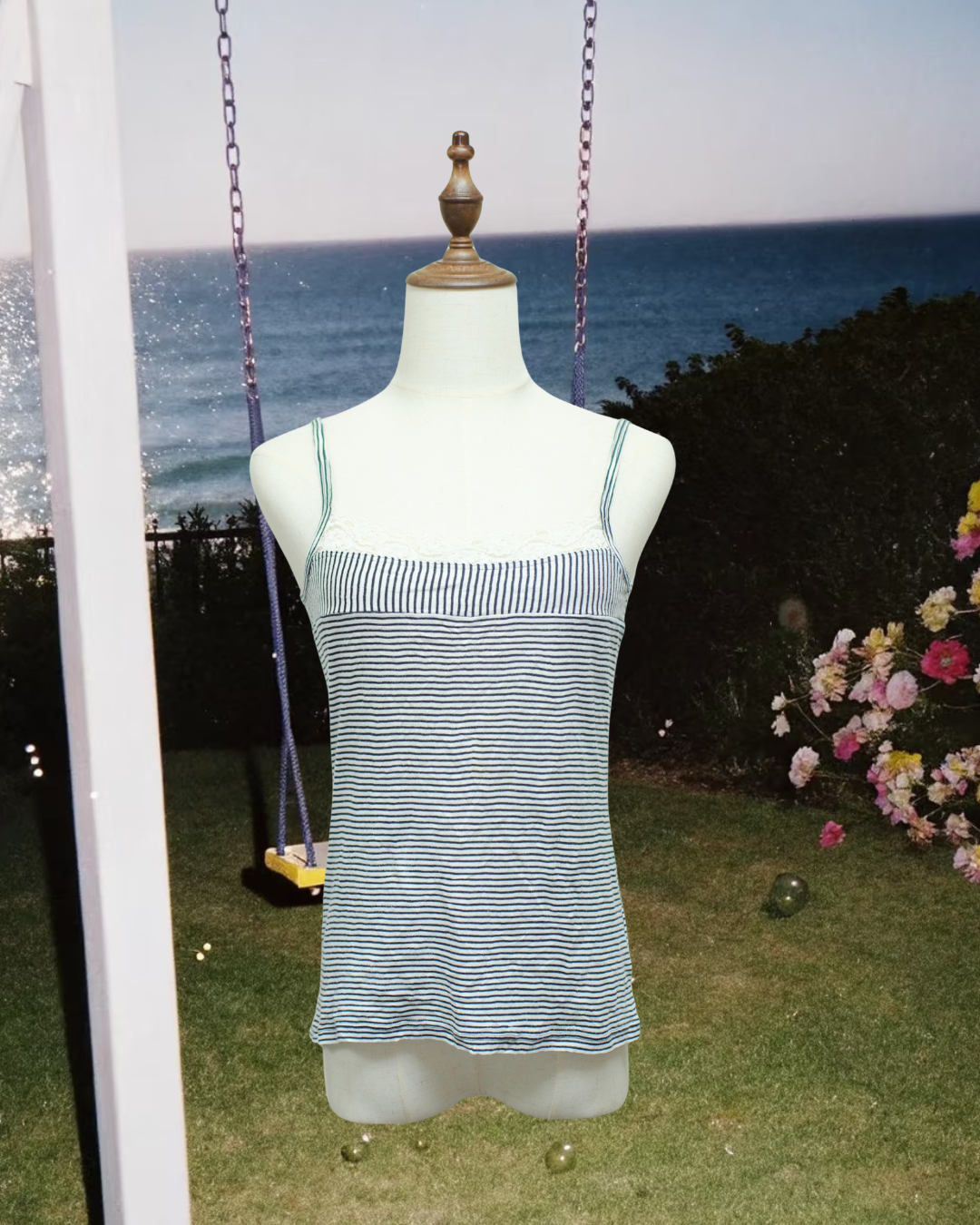 Black White Stripe Cotton Lace Tank