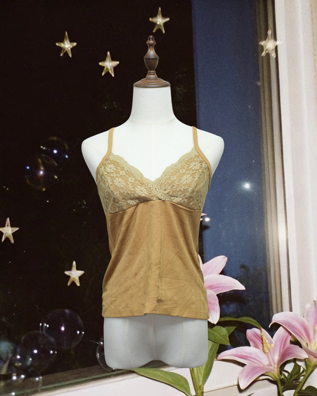 Camel V‑Neck Lace Spliced Wear