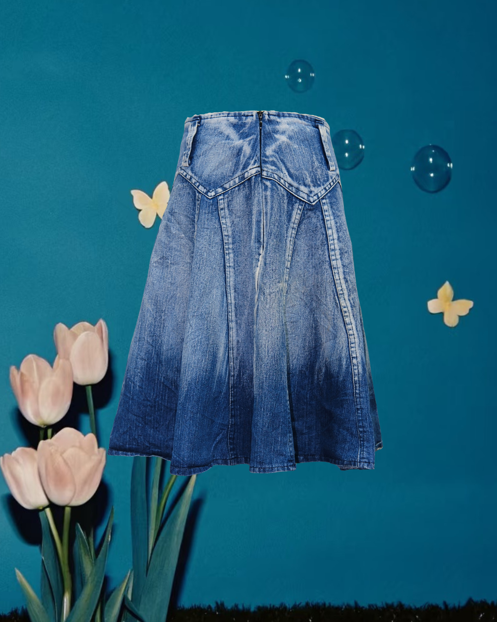 Blue Ombre Denim A-Line Midi Skirt