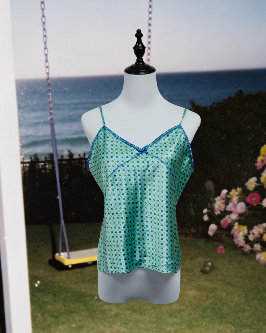 Blue-Green Diamond Print Satin Camisole Top